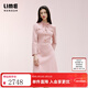 LIME朗姿/LIME萊茵氣質(zhì)圓領(lǐng)連衣裙灰粉色秋冬新款女裝千金名媛風(fēng)裙子 灰粉色 M