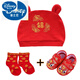 迪士尼（Disney）新生兒大紅色純棉胎帽男女寶寶通用帽子嬰兒滿(mǎn)月三角巾套頭帽唐裝 祥云福帽+福襪+紅鞋 0-3個(gè)月帽圍:均碼