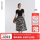 朗姿雙色針織拼接撞色印花連衣裙2025年夏季新款a字高腰碎花裙 夜幕黑色 XL