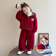 七語(yǔ)欣童裝女童加絨套裝冬裝新款女孩寶寶兒童加厚保暖外套褲子兩件套裝 紅貓咪套裝 100 (適合身高90-100cm)