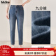 MsShe【巨顯瘦小腳牛仔褲】大碼女裝2025秋冬季胖mm高腰加絨褲子女士 九分褲-牛仔中藍色現貨 3XL