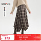 三福（SANFU）長(cháng)裙2025冬季流蘇擺側邊拉鏈格子不規則半身裙女裝509092 咖格 M