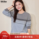 MsShe【羊毛混紡紗線(xiàn)】大碼女裝2025冬裝胖mm費爾島撞色提花毛衣 花灰色現貨 2XL