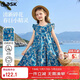 ASK JUNIOR童裝兒童裙子女童夏裝純棉透氣連衣裙青少年碎花裙公主裙 藍色