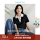 茵曼（INMAN）Polo領(lǐng)條紋短袖T恤2025夏季女裝新款修身顯瘦上衣 午夜黑 M