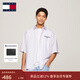 TOMMY JEANS春夏男裝純棉府綢海邊度假風(fēng)刺繡復古條紋寬松短袖襯衫外套 紅藍白條紋YBR L