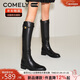 康莉（COMELY）牛皮騎士靴女秋冬季圓頭粗跟不過(guò)膝加絨長(cháng)筒靴子 黑色-短毛里 38