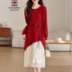 AEMAPE法式氣質(zhì)亮片拼接紅色連衣裙女2025秋冬新款中長(cháng)款收腰系帶毛衣裙 紅色 XL