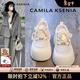 CAMILA KSENIA小白鞋女2025年新款冬季新中式國風(fēng)緞面復古百搭松糕圓頭休閑板鞋 白色 37