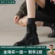 阿么手工女鞋軟皮軟底方頭瘦瘦靴高級感百搭短靴粗跟6CM 黑色絨里    38   