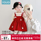 優(yōu)奇女童連衣裙秋裝洋氣兒童假兩件公主裙女寶寶周歲禮服春秋嬰兒裙子 紅色【春秋款】 80