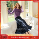 三彩2025冬季新款松緊腰印花絲絨半身裙長(cháng)裙A字裙傘裙復古M 藏青色花卉 M 160/68A