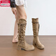 邦帛世流蘇騎士靴女軟皮版顯瘦堆堆中筒靴女復古廢土風(fēng)粗跟不過(guò)膝長(cháng)筒靴 流蘇騎士長(cháng)筒靴【廢土棕】 單層 5cm 37