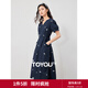 初語(yǔ)v領(lǐng)收腰a字裙子女2024夏季新款薰衣草刺繡純棉連衣裙 黑藍底繡花 M