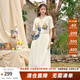 兩三事梵高文藝 馥郁詩(shī)意 2025夏季新款荷葉邊翻領(lǐng)印花布拼接連衣裙 米杏色 L