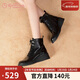 金利來(lái)（Goldlion）【新年禮物】女靴加絨保暖坡跟短靴小個(gè)子厚底馬丁靴黑色加絨37