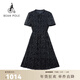 beanpole【新品】濱波 夏季女士氣質(zhì)優(yōu)雅韓系碎花褶皺短袖連衣裙 藏青色 L 170/92A
