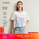 AMII女裝2025夏季新款極簡(jiǎn)落肩短袖全棉中長(cháng)藝術(shù)油畫(huà)印花微彈 米白 M 160/84A