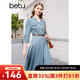 百圖betu女裝春季新款工裝高腰A字七分可調節袖連衣裙女2402T86 淺藍 S