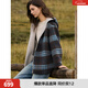 ELLE撞色格紋兩面穿連帽毛呢短外套女2025冬新款綿羊毛雙面呢大衣 藍格 S