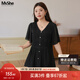 MsShe【高級感雪紡衫】大碼女裝2025夏裝胖mm法式小衫短袖V領(lǐng)上衣 黑色現貨 3XL