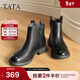 他她（TATA）加絨奶皮靴子秋羊皮英倫時(shí)裝靴短筒厚底真皮粗跟短靴CF801DD5 黑色（絨里） 37