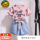 G.duck女童短袖套裝新款中大童7-14歲女孩短袖牛仔短褲學(xué)生運動(dòng)兩件套潮 粉色上衣+淺藍褲子 套裝 140