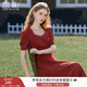 香影輕奢高級感酒紅色連衣裙女2025夏裝新款泡泡袖蕾絲邊方領(lǐng)長(cháng)裙 大紅 L 165/88A/110-125斤