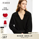 AMII女裝2025冬季新款翻領(lǐng)V領(lǐng)寬松落肩袖毛衣女法式休閑舒適 黑色（建議拍小一碼） L