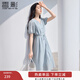 香影v領(lǐng)泡泡袖連衣裙女2025夏裝新款仙女裙收腰絕美漂亮藍色裙子 藍色 M 160/84A/95-110斤