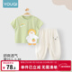 優(yōu)奇寶寶套裝夏裝薄款兒童短袖t恤防蚊褲嬰兒衣服男童夏季女童兩件套 開(kāi)心小鴨+淺杏小熊防蚊褲 100