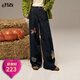 妖精的口袋復古小馬貼布高腰直筒加絨牛仔褲女2025秋冬新款休閑闊腿褲子 牛仔藍色 S