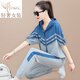 PKFC純棉運動(dòng)套裝夏季薄款女2024新款時(shí)尚減齡連帽短袖休閑褲兩件裝 藍灰 XL (適合110斤-120斤 舒適透氣)