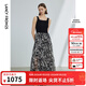 朗姿方領(lǐng)吊帶法式氣質(zhì)高級感長(cháng)裙設計感女夏新款印花連衣裙 夜幕黑色 M