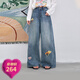 妖精的口袋復古蘑菇高腰闊腿牛仔褲女2025夏新款寬松直筒五分褲子 紅蘑菇牛仔藍色(長(cháng)） S