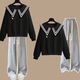 芭菲悅初中生12-15歲女孩學(xué)生春秋衛衣套裝娃娃領(lǐng)長(cháng)袖衫兩件套日韓休閑 黑色+灰褲 150 S