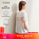 AMII女裝2025極簡(jiǎn)夏季絲光棉釘珠繡拼接薄透網(wǎng)紗短袖寬松微彈 米白 S 155/80A
