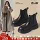 ZHR短靴女復古厚底增高切爾西靴子女百搭圓頭馬丁靴女 KN22A 黑色 38
