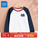 真維斯童裝男童長(cháng)袖t恤純棉2025新款兒童打底衫撞色上衣 春季運動(dòng)中大童衣服 【100%純棉】藏藍/哈哈K 170