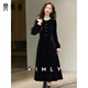 梵希蔓（vimly）法式名媛風(fēng)絲絨a字連衣裙女冬新款木耳邊圓領(lǐng)小黑長(cháng)裙 黑色 L