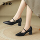 ZHR瑪麗珍女鞋尖頭夏季單鞋女淺口粗跟一字帶鞋子女 BL379F 黑色  36