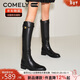康莉（COMELY）牛皮騎士靴女秋冬季圓頭粗跟不過(guò)膝加絨長(cháng)筒靴子 黑色-短毛里 38