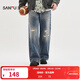 三福（SANFU）2025冬季男士破洞貓須大直筒牛仔褲 街頭闊版長(cháng)褲510770 藍色 31