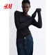 H&M女裝T恤秋季彈性圓領(lǐng)修身氣質(zhì)舒適休閑汗布打底內搭上衣1191700 黑色 L 170/104