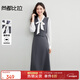 尚都比拉【假兩件】氣質(zhì)通勤撞色拼接飄帶領(lǐng)系綁帶收腰泡泡袖連衣裙 灰色 L 110-120斤建議選擇