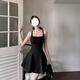 樂(lè )卡利 法式吊帶裙連衣裙女方領(lǐng)A字裙赫本風(fēng)短裙子彈力小黑裙氣質(zhì)跳舞裙 法式吊帶小黑裙【M 100-115斤】