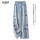 GCRZW高檔闊腿牛仔褲女秋冬2025新款高腰加絨中國風(fēng)刺繡新中式直筒褲 淺藍色 【輕奢高檔款】 3XL /31 建議135-145斤