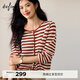 伊芙麗蔣欣代言條紋開(kāi)衫百搭職場(chǎng)鏤空顯瘦花邊針織衫2025秋新款女 釉底紅 偏大 拍小一碼 S 80-105斤