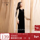 三彩2025冬季新款假兩件絲絨連衣裙開(kāi)叉長(cháng)裙復古直筒裙優(yōu)雅S 經(jīng)典黑 S 155/80A