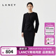 朗姿LANCY春冬新款黑色抽褶醋酸連衣裙女氣質(zhì)修身中長(cháng)款裙子 夜幕黑色 M